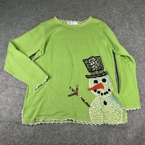 The Quacker Factory Sweater Womens M Sequin Beaded Snowman Applique Cotton Blend - Picture 1 of 6